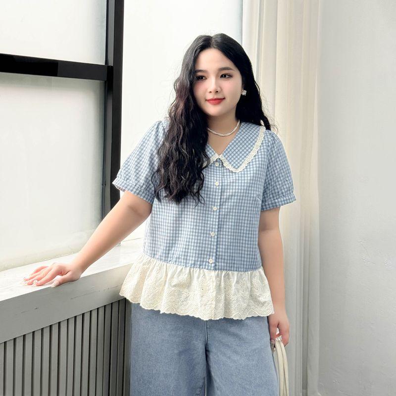 

Plus size women clothing [French style Artistic Shirt] Chubby Girl Summer Lapel Lace Patchwork Short sleeve Slimming Plaid Shirts Blue lattice 8xl