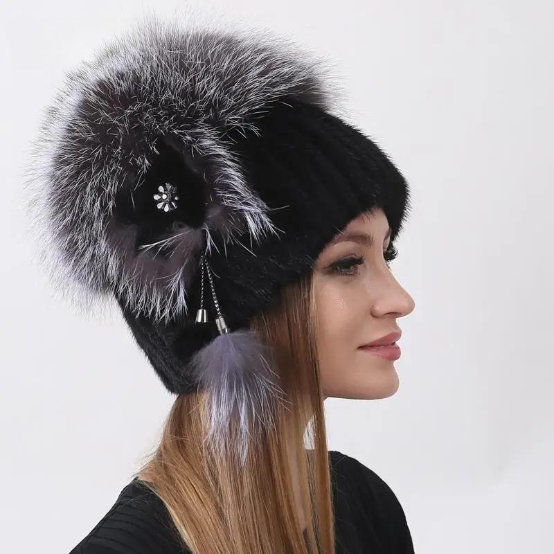 Natural Knitted Mink Fur Hat Stylish Women Winter Warm Fluffy Fox Fur Cap Fashion Beanies Thick Knitted Hats