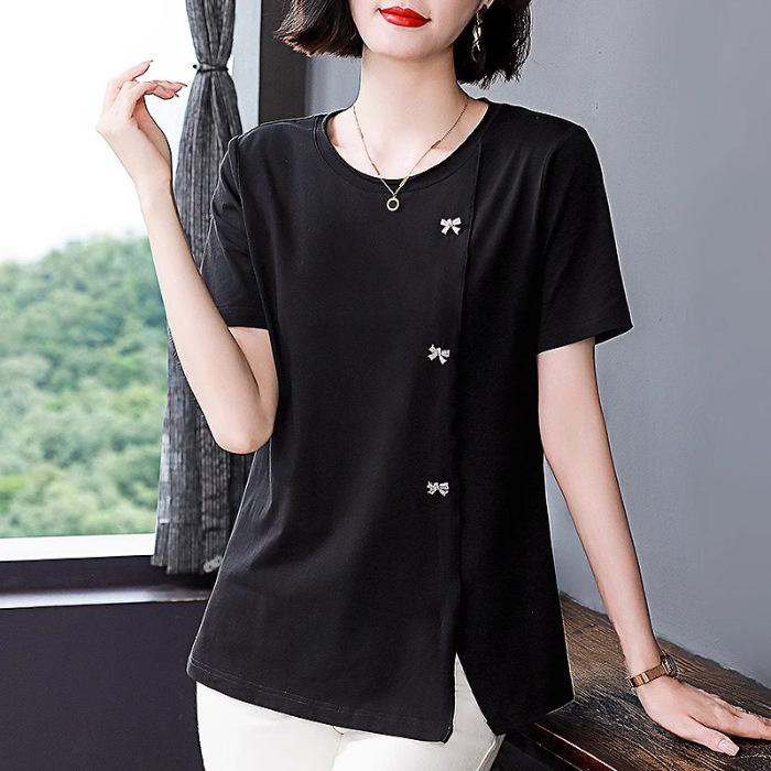 

Short-sleeved Shirt for Women s Summer New Style Middle-aged Mother T-shirt Large Size Fat Loose Slim Top 5XL чорний