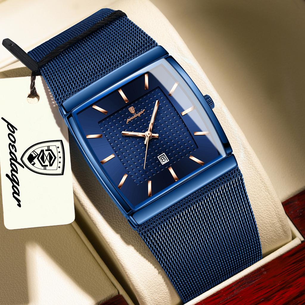POEDAGAR Luxury Casual Men Clock Stainless Steel Mesh Date Waterproof Luminous Wristwatch Quartz Fashion Watches