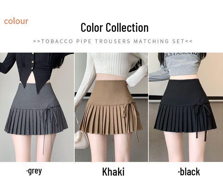 Women's College Style Black Lace-Up Pleated A-Line Skirt - High-Waisted, Slim Fit, Petite, Spring/Summer 2025