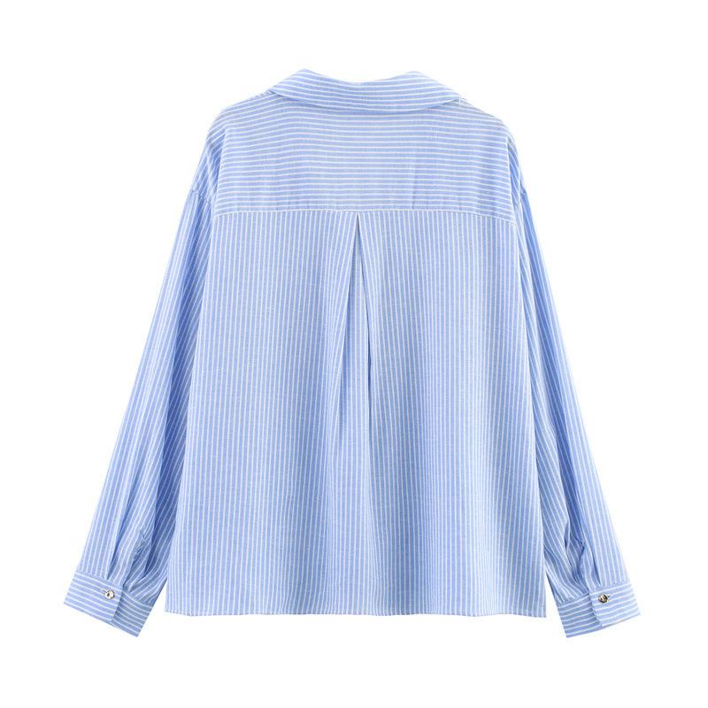 1116 Spring New Wholesale Women's Clothing European and American Fashion Linen Blended Striped Shirt Women's 1886919