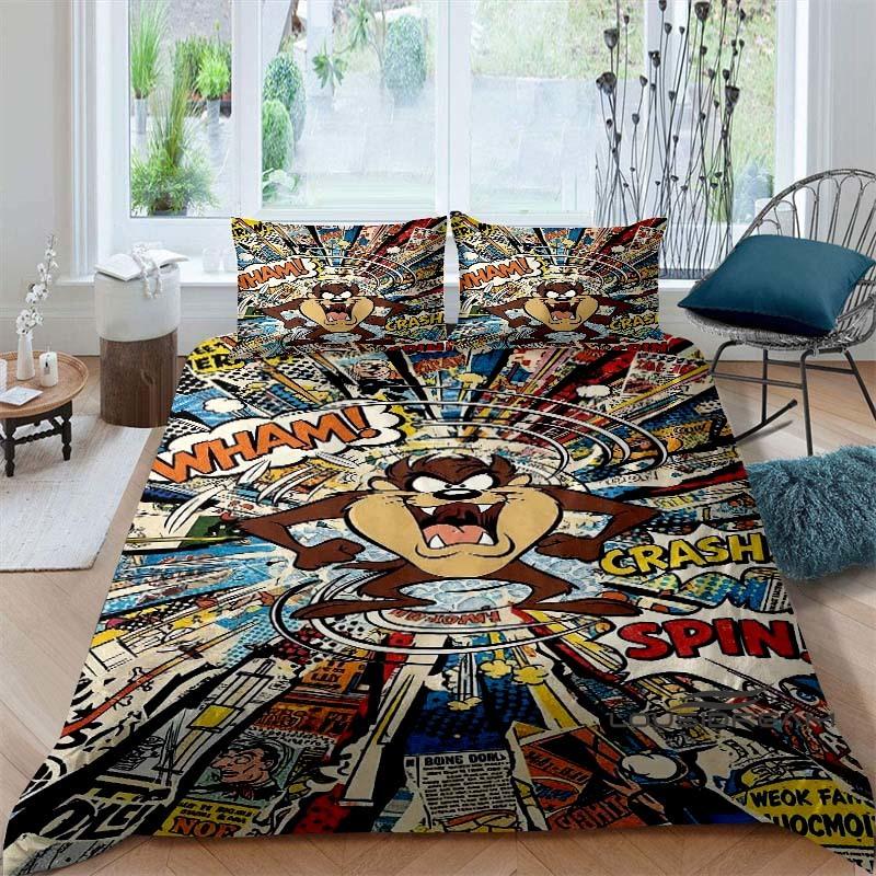 Cartoon T-Tasmanian Devil bedding set, printed single duvet cover and pillowcase three-piece set, children's and adult sizes.002