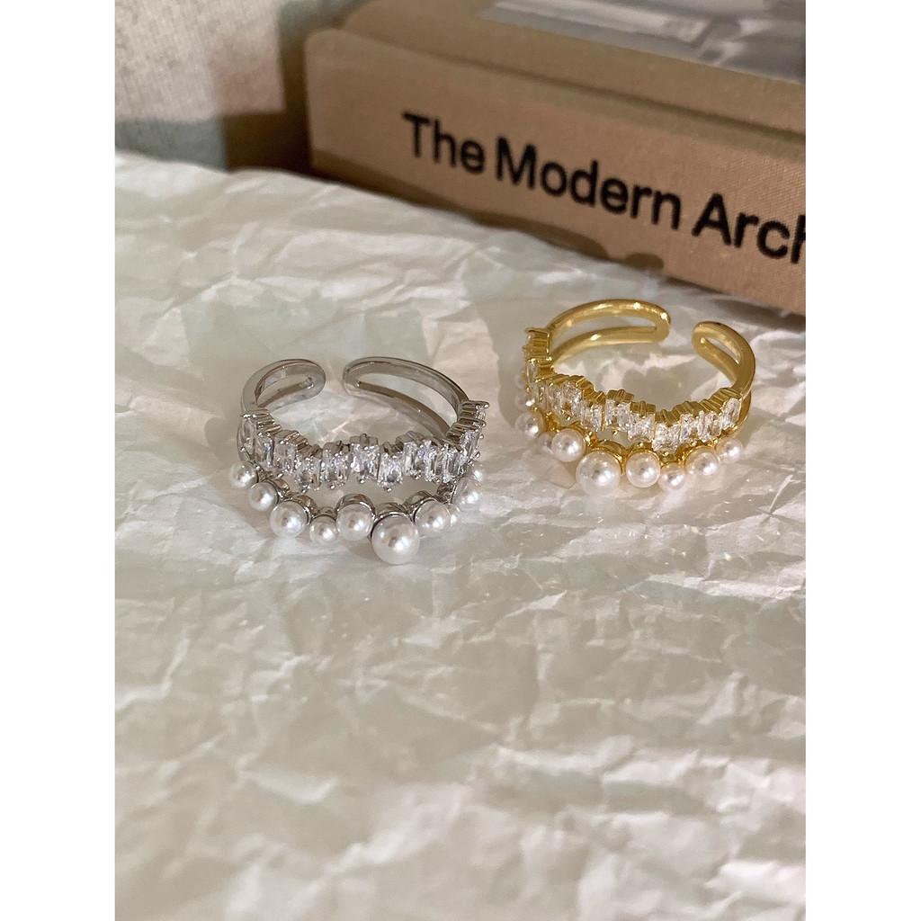 Elegant Vintage Style Double Layer Open Ring With Zircon And Pearl For Women