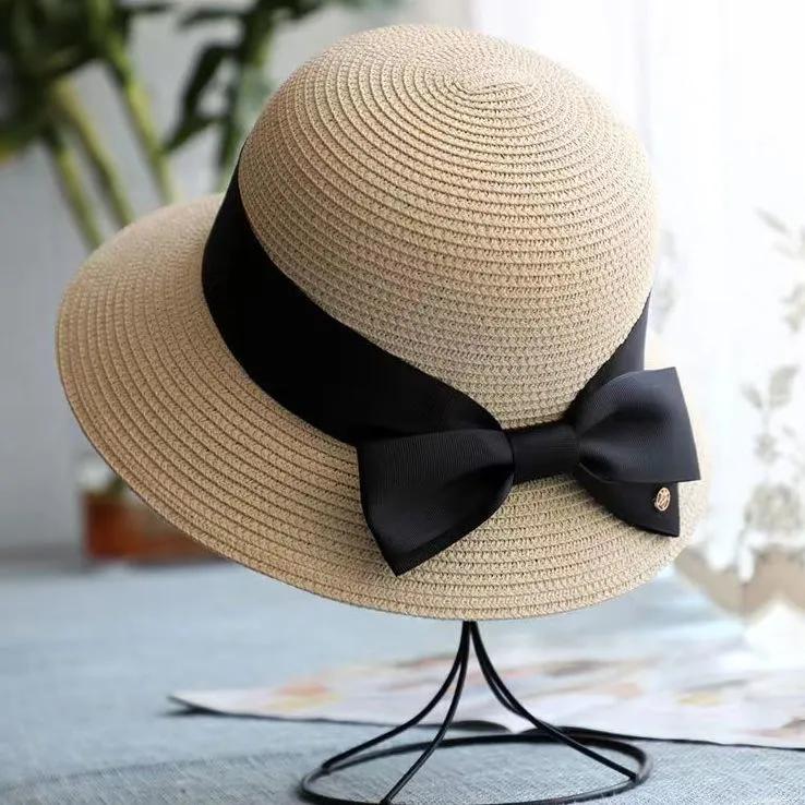 WTEMPO Double Bow Elegant Casual Foldable Summer Straw Hats Women's Solid Color Wide Brim Outdoor Beach Sunscreen Hats