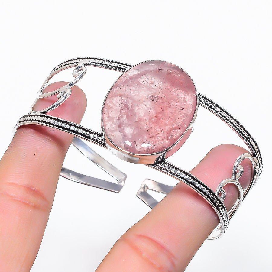 Natural Strawberry Quartz Gemstone 925 Sterling Silver Cuff Bangle Adj U2L38