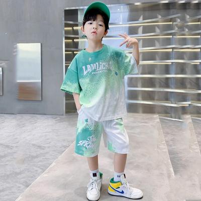 Summer Children's Gradient Color Letter Sports Suit, Boys' Fashionable Short Sleeved Shorts Casual Wear