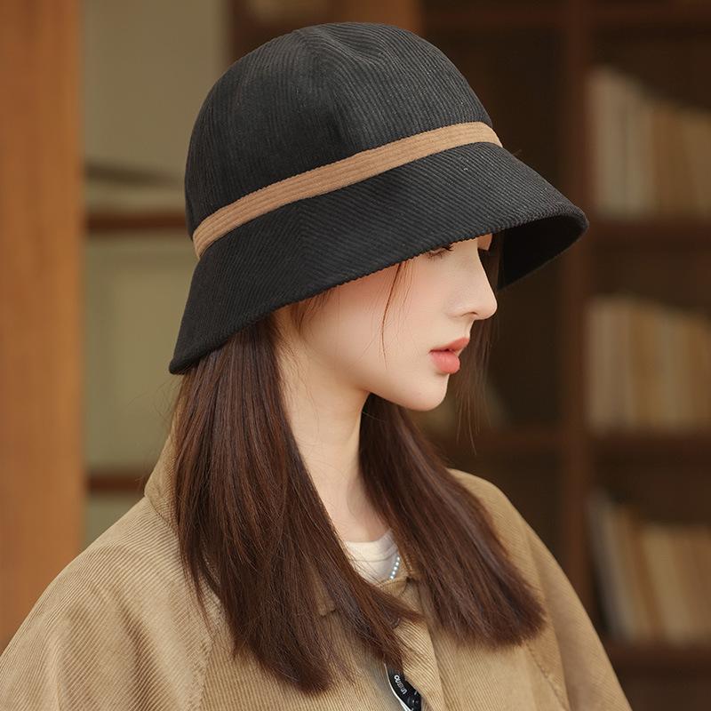 Casual Versatile Corduroy Fisherman Hat Retro Thermal Basin Hat Big Head Circumference Showing Small Face