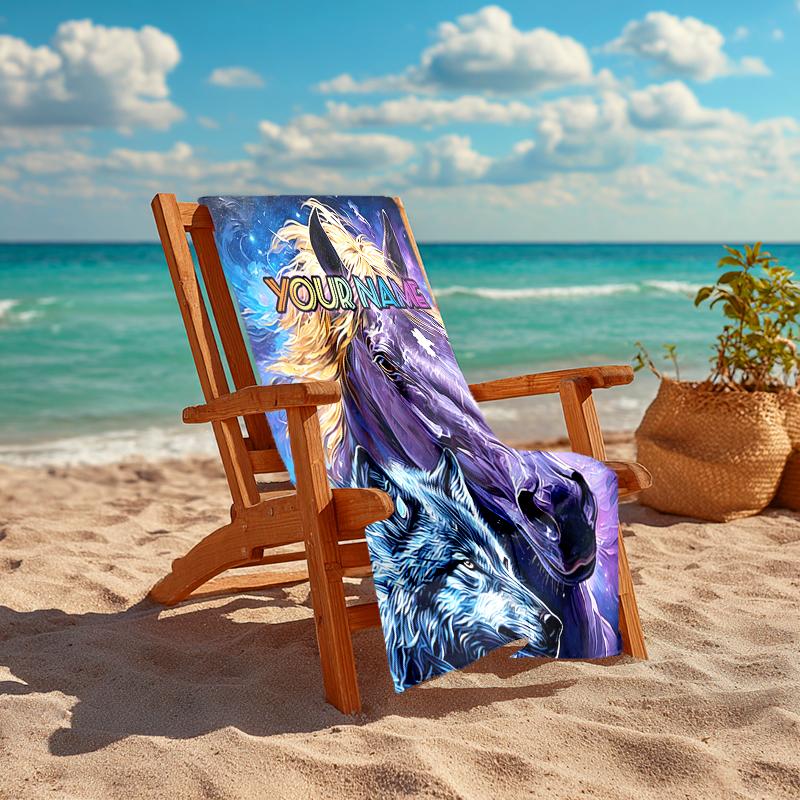 1PC Custom Name "Galactic Horse Wolf" Beach Towel Highly Absorbent And Sand-Resistant Towel for Swimming, Pool, Yoga, And Travel Lightweight