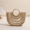 IELGY Fashion Hollow Semicircle Portable Straw Bag Round Handle Contrast Color Woven Vacation Beach Bag