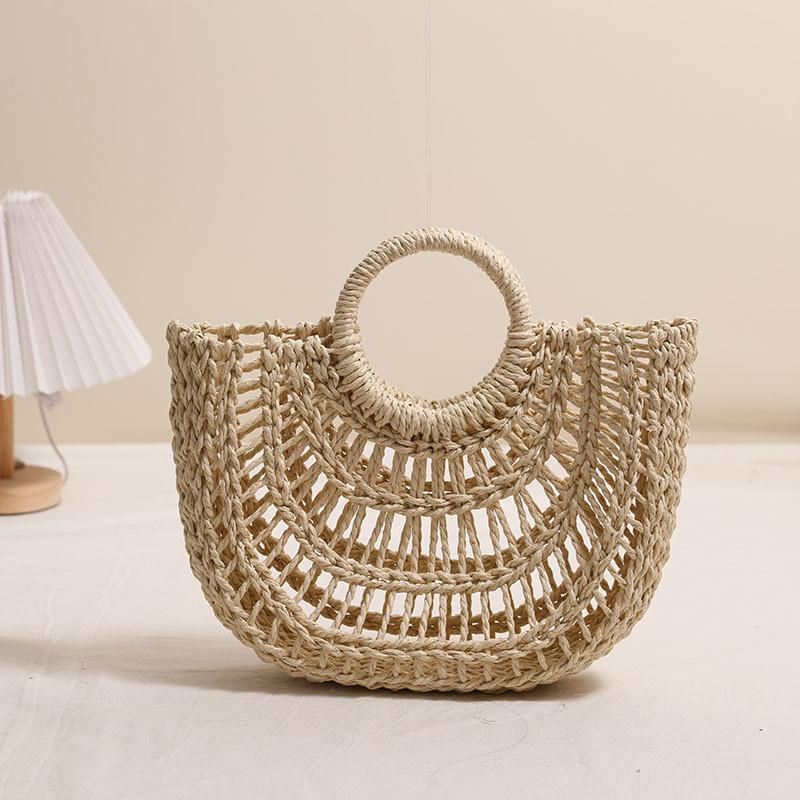 IELGY Fashion Hollow Semicircle Portable Straw Bag Round Handle Contrast Color Woven Vacation Beach Bag