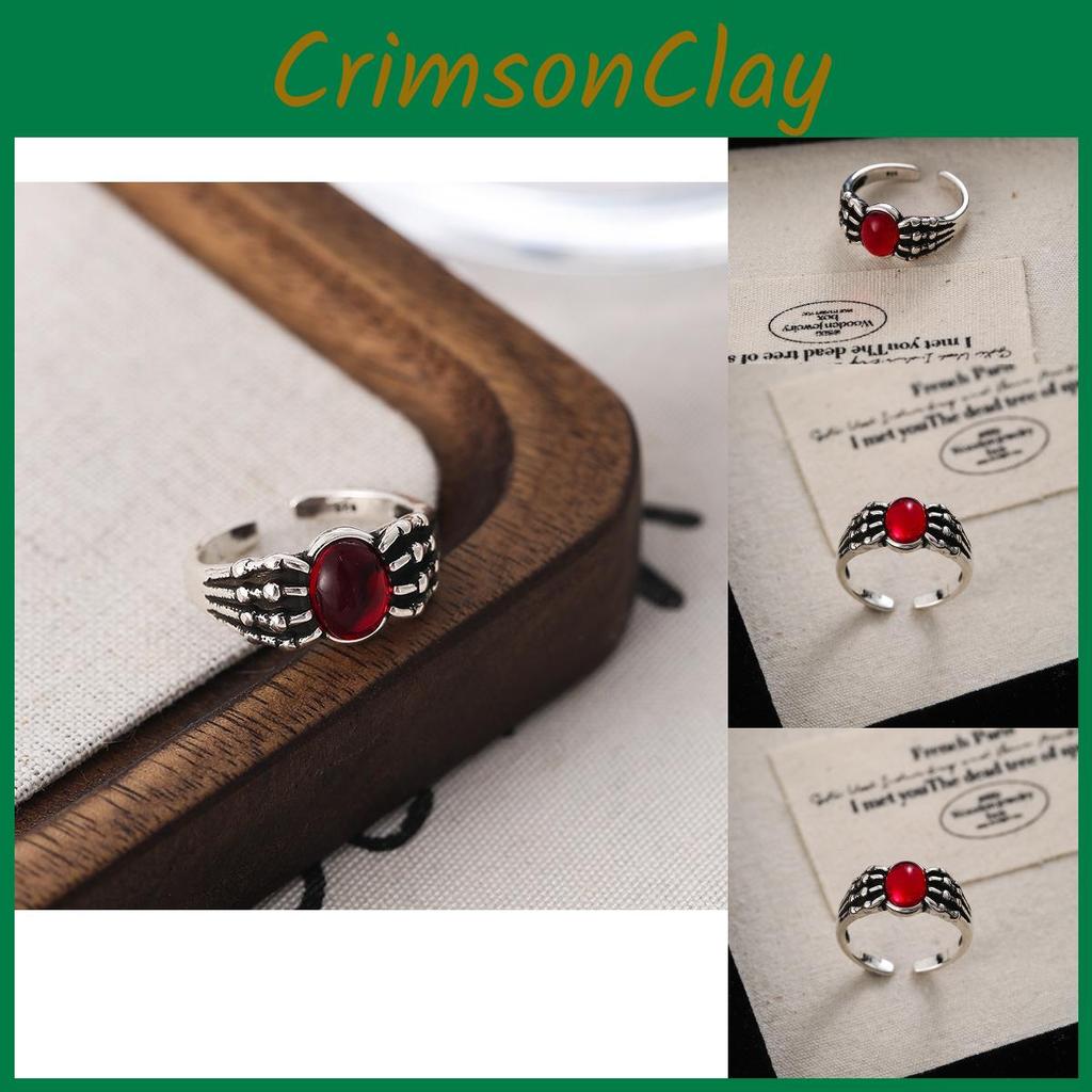 Elegant Retro Distressed Skull Red Gem Ring For Women Unique Fashion Accessory