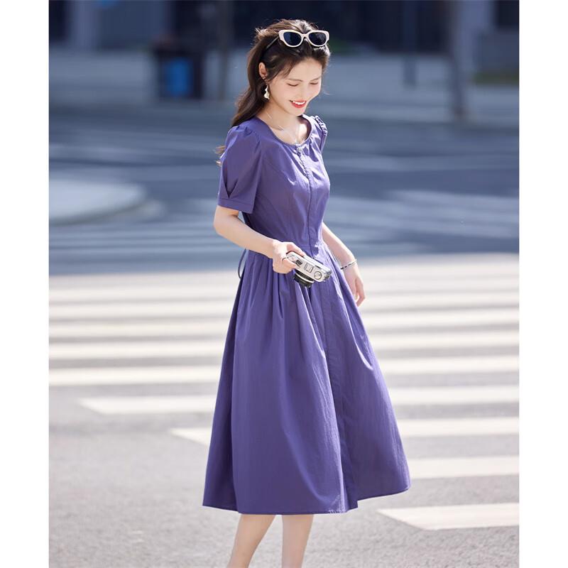 

Women s Round Neck A-Line Cotton Short Sleeve Midi Dress M