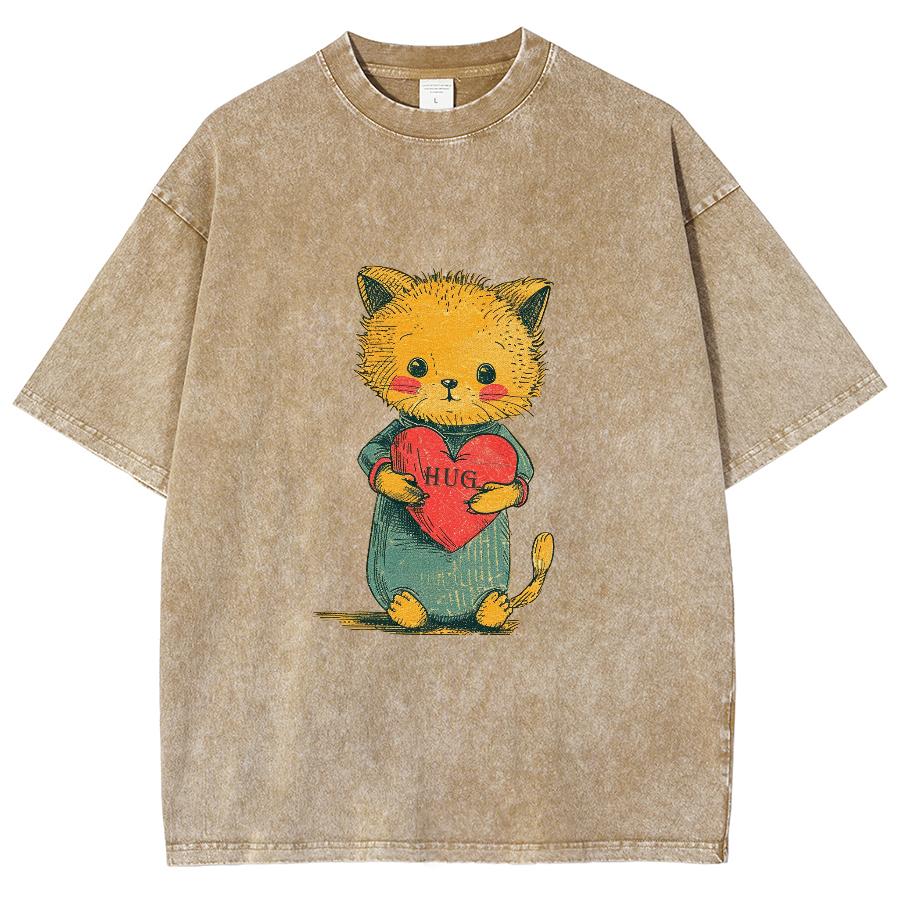 Camiseta de Mujer de Mezclilla Lavada con Estampado de Gato Naranja Estilo Lindo Algodón Oversized Manga Corta Girly Básica