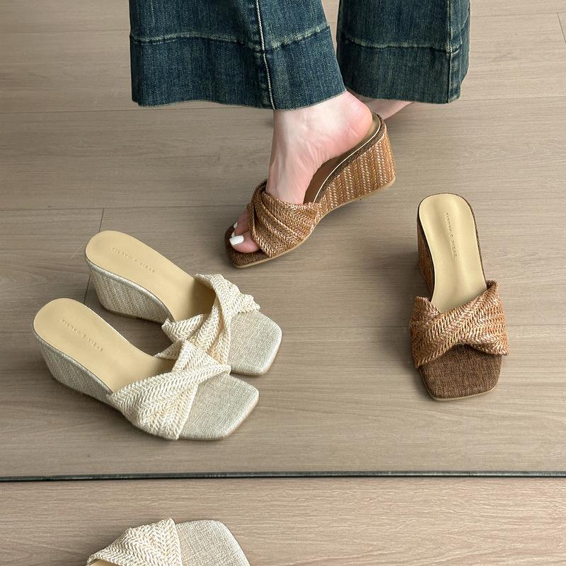 New retro woven open-toed wedge heels high heels women's fashion versatile outer wear with skirt one-word cool slippers