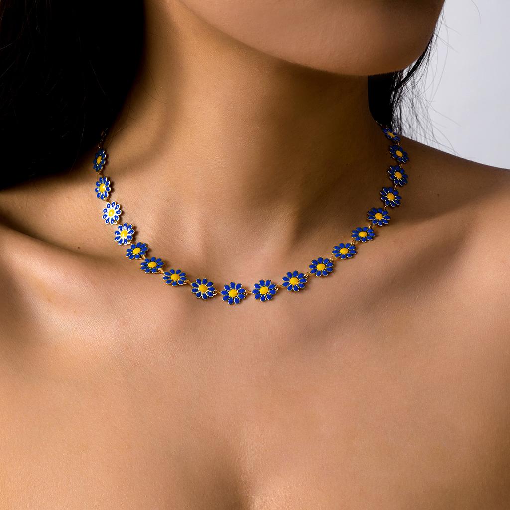 Daisy Flower Clavicle Chain Necklace for Women Girls Korean Sweet Colorful Flowers Short Choker Bridal Wedding Party Jewelry