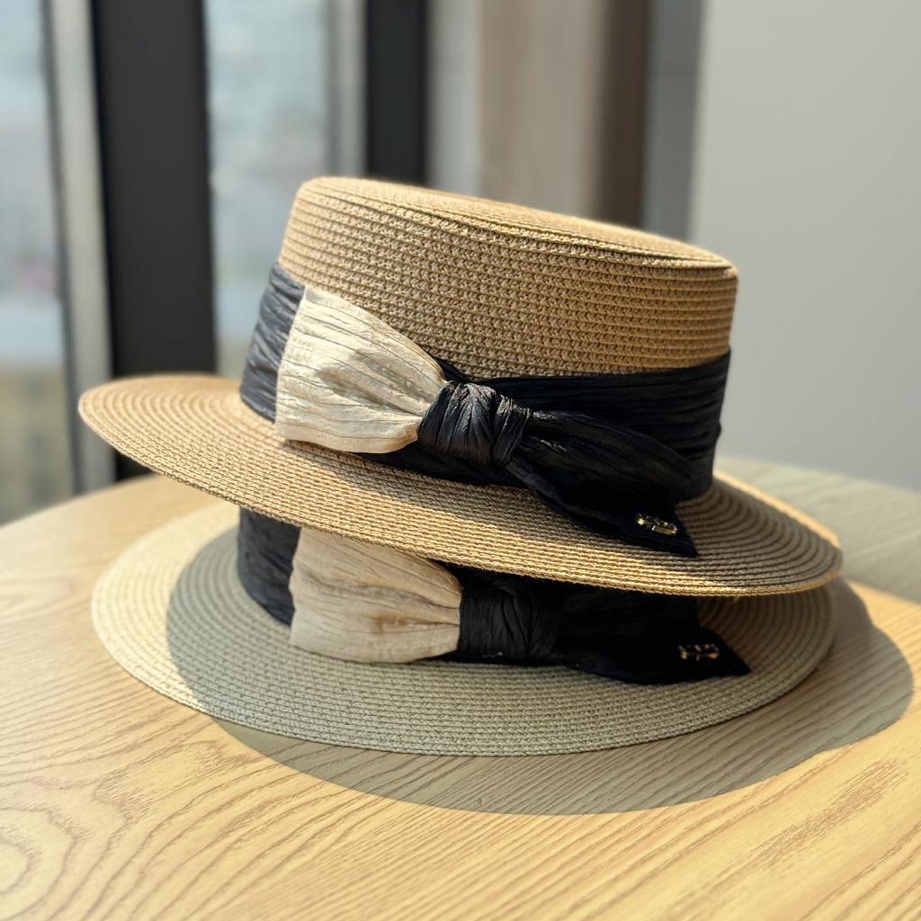 New Straw Woven Flat Top Top Hat Color Matching Bow Straw Hat Summer Travel Shading Sun Protection Retro Beach Hat Children