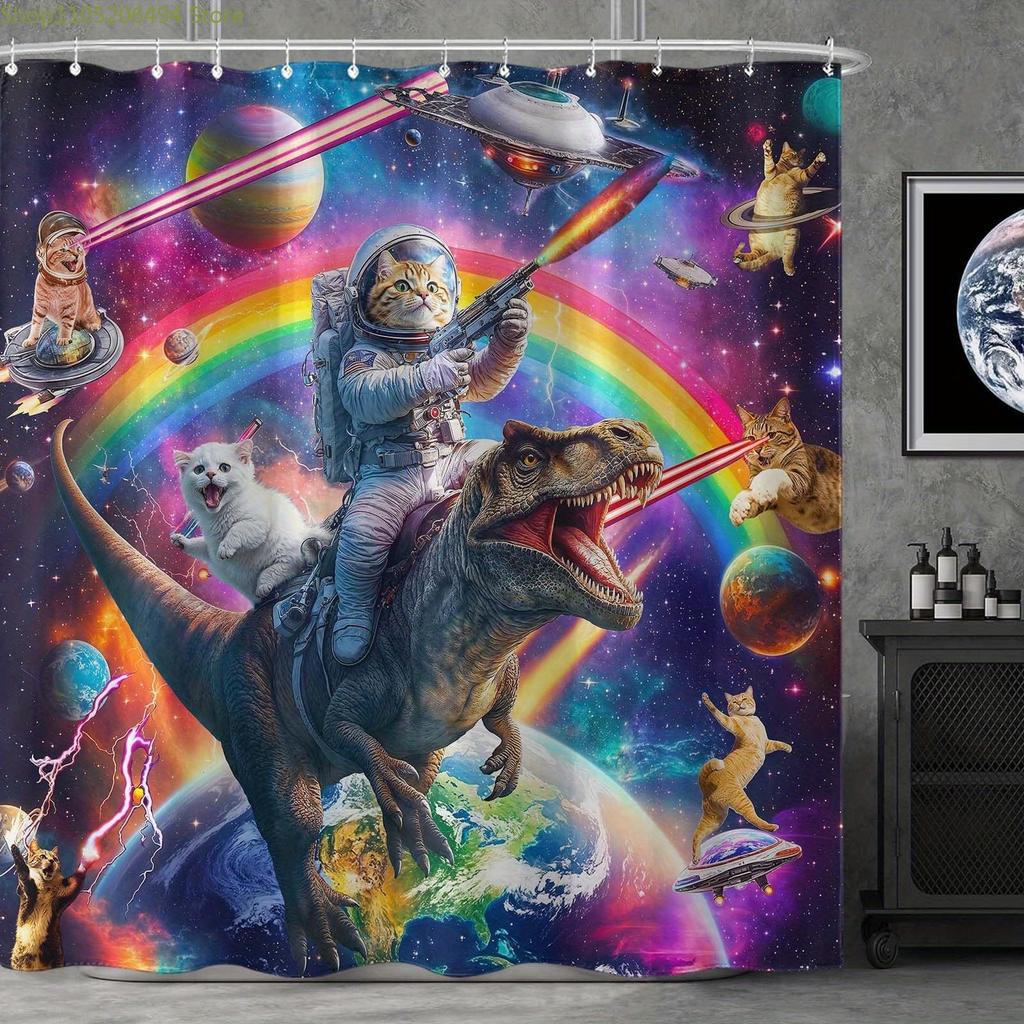 1pc of Cat Riding a Dinosaur Space Adventure Pattern Shower Curtain, Digital Printed Polyester Bathroom Curtain, No Drilling R