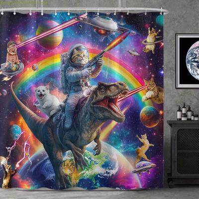 1 Stück Katzendame auf einem Dinosaurier Weltraumabenteuer Muster Duschvorhang, Digitalbedruckter Polyester Badezimmervorhang, Bohrlos R