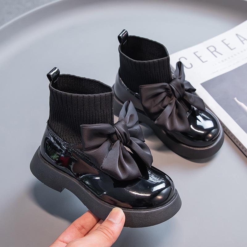 Cizme cu șosete pentru fete Cizme pentru copii, cu fundă anti-alunecare, elegantă, lucioasă, uniformă britanică, pantofi pentru școală, șosete ocazionale, cizme prințesă