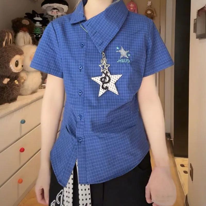 Womens Slim-Fit Plaid Short-Sleeve Button-Down Shirt S синий