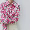 Retro Caroline Rose Print Cotton Long Sleeve Women's Shirt with Double Pockets