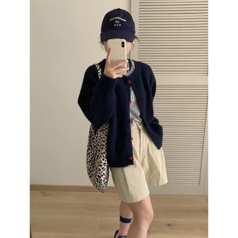 

New simple retro love buckle round neck plush fluffy knitted cardigan for women loose commuter coat for women One Size