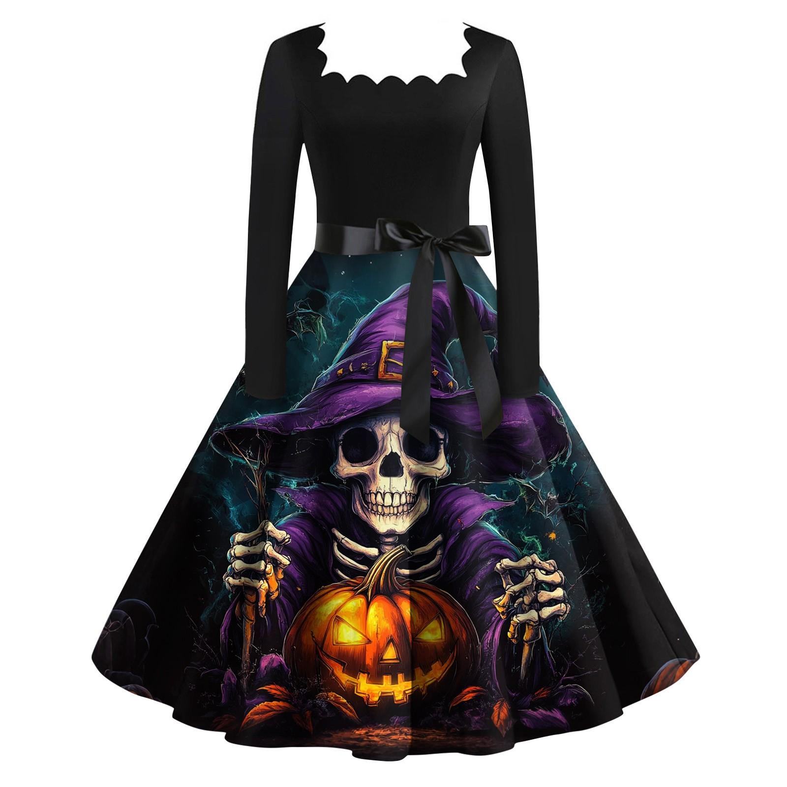 

Женское модное ретро вечернее платье с длинным рукавом и квадратным вырезом с принтом на Хэллоуин XXXL шафрановый