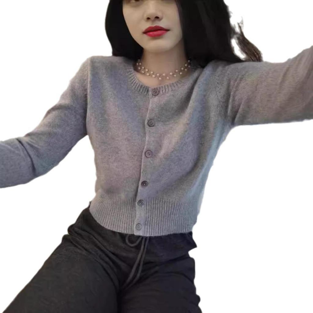 Premium Korean Style 100% Pure Wool Knitted Cardigan - Women's Spring/Autumn Short Base Coat
