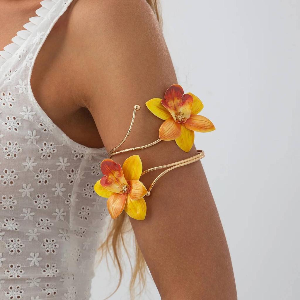 Salircon Vintage Exquisite Colorful Flower Open Arm Bangle Bracelets Women Trendy Creative Boho Gold Color Bangles Y2K Jewelry