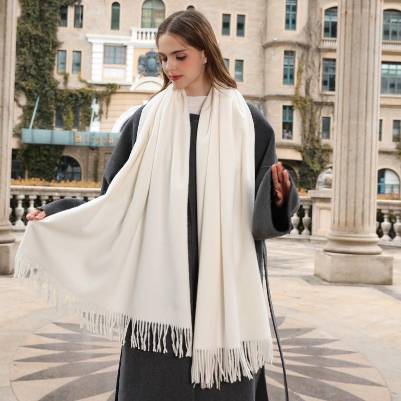 Womens Wool Blend Scarf Winter Warm Shawl Soft Solid Color Knit Wrap With Fringe Korean Style