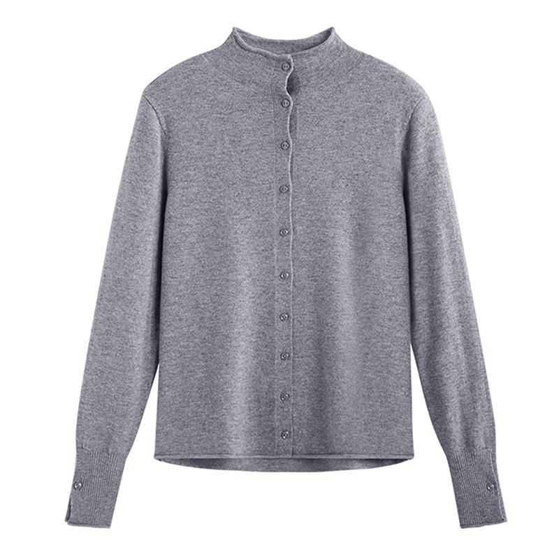 Women's Early Spring 2026 Wool Cardigan: Stand Collar, Long Sleeve, Slim Fit Knitwear