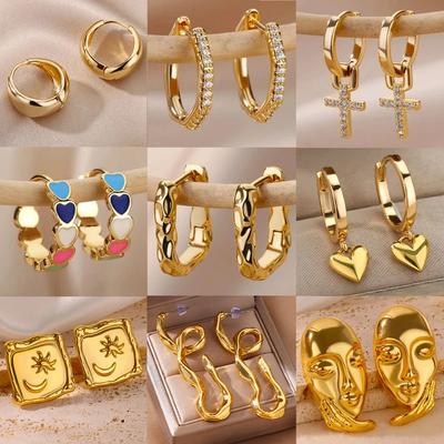 Edelstahl Ohrring für Damen Herz Zirkon Goldfarbe Creolen Vintage Wasserdicht Ohrpiercing Schmuck Zubehör Geschenk