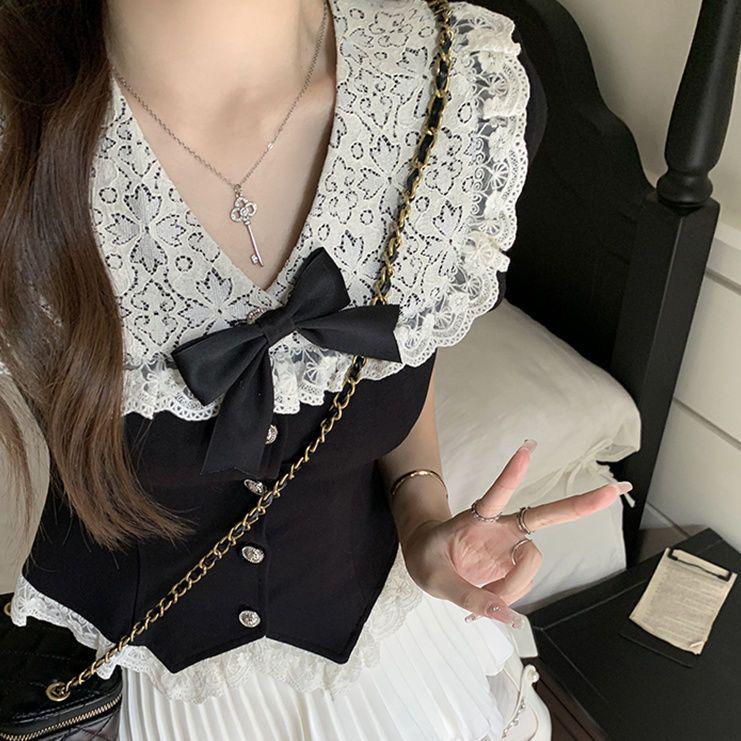 Ensemble Top à Col Doll en Dentelle et Jupe Superposée pour Filles Petites - Académie d'Été