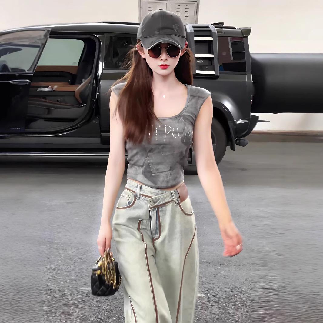 

Korean Irregular Hand-Painted Wide-Leg High-Waisted Slimming Jeans for Women XXL