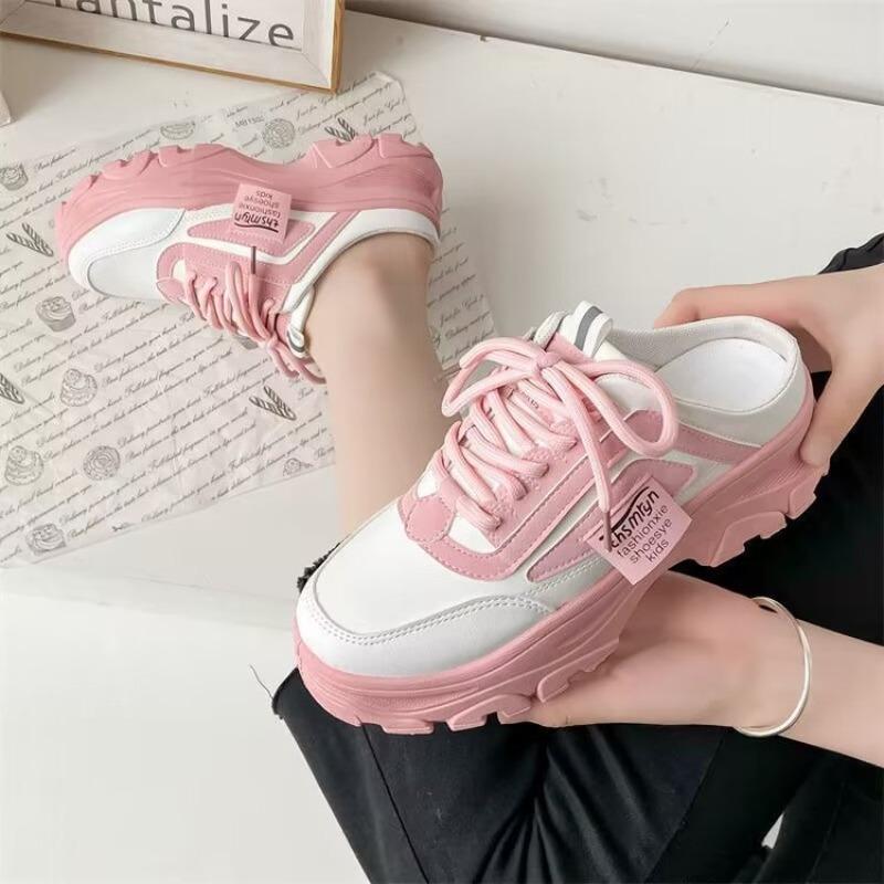 Fashion Women's Half Slippers PU Leather Breathable Womens Sneakers Platform Loafers Lace-up Shoes Outdoor Casual Shoes