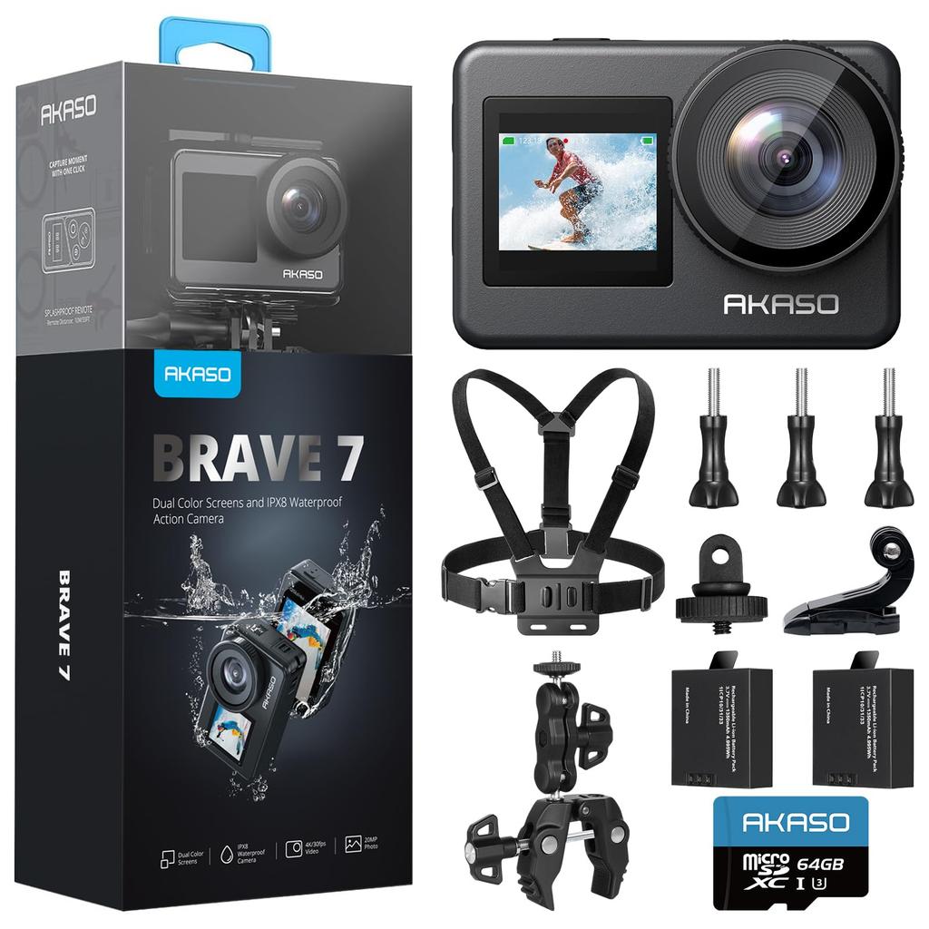 AKASO Brave7 Action 4K Action Cam with 64GB IPX8 Waterproof to Underwater Camera with Image Chest Strap and Super Clamp Camera, Card, 10M, 6-Axis