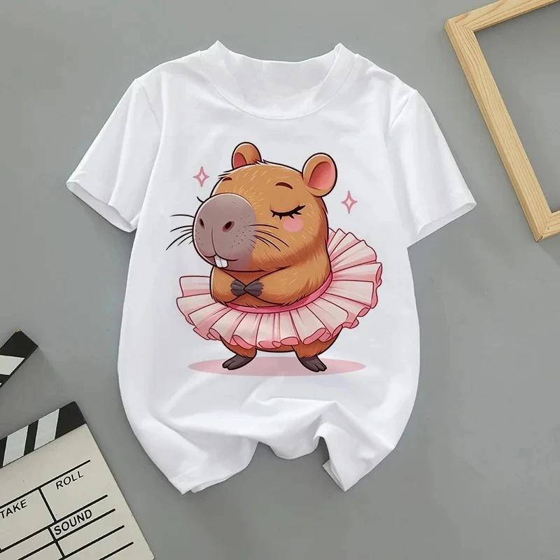 Summer Cute Capybara Print Children T-shirt Short-sleeved Fashion Boys and Girls Round-neck Baby Kid Tshirt Trend