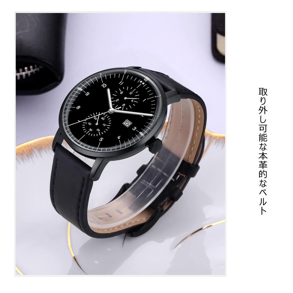 RORIOS Men's Genuine Leather Watch with Big Face, Simple Design, Luminous Movement, Quartz Movement, Chronograph Movement, Date Display, Black B
