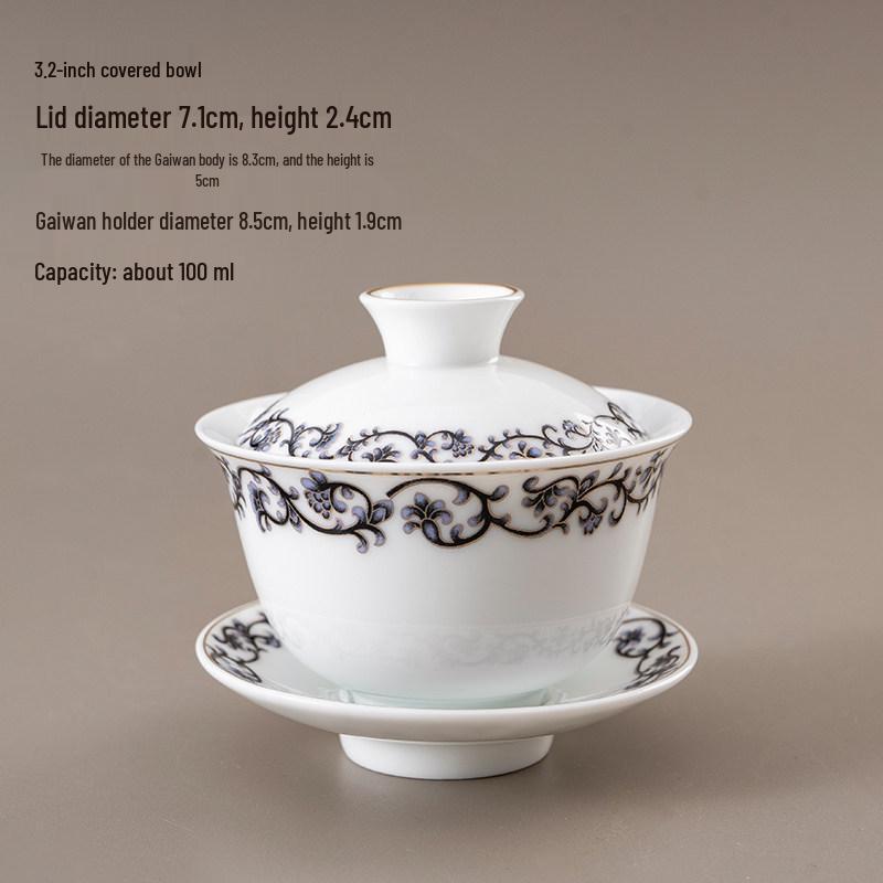 Chinese Style Ceramic Tea Set: White Porcelain Cup with Blue and White Ruyi Covered Bowl for Living Room