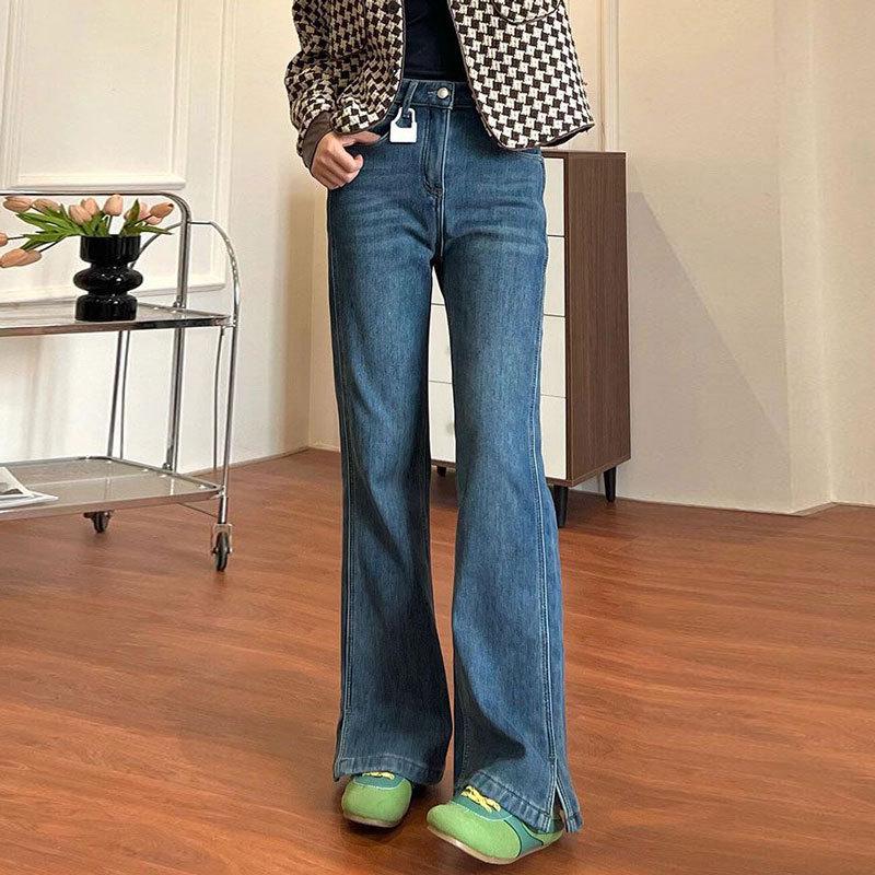 

Women s Plus Size Blue Wide Leg Micro Flare Jeans - Comfortable Elastic, Stylish Split, Straight Fit, Non-Sticking. XXXL синий