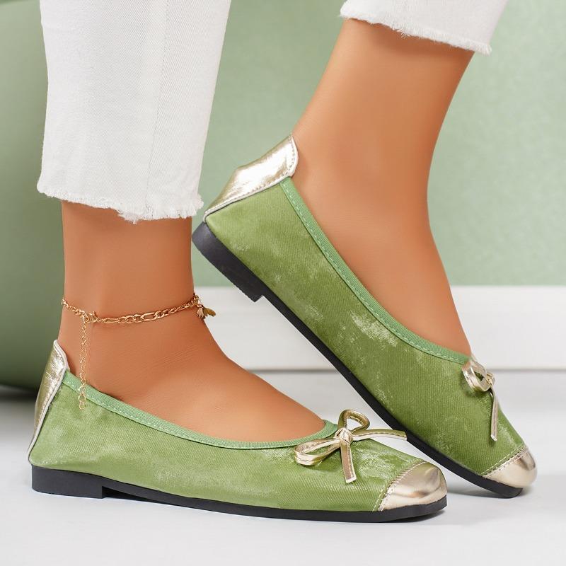 Fashion Summer Autumn Square Toe Ballet Shoes Elegant Bow Knot Flat Soft Sole Mary Jane Casaul Silver Slip on Shallow  Sneakers Women