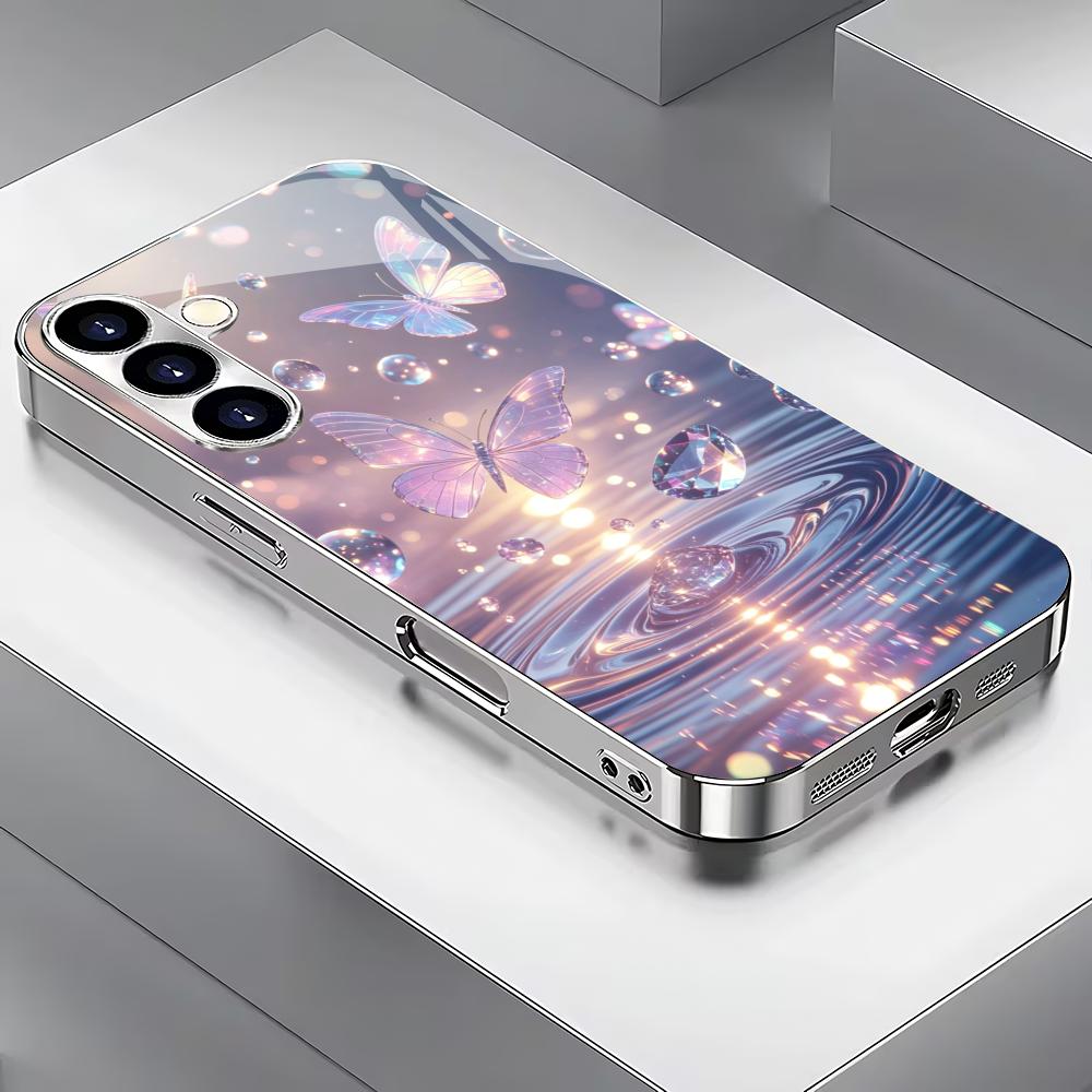 Fioletowy motyl posrebrzane szklane etui na telefon odpowiednie do Samsung Galaxy S26 S25 S24 S23 S22 S21 S20 FE/Ultra/Plus odporne na upadki
