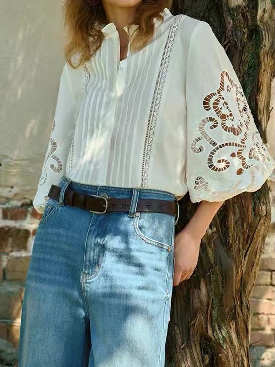 Spring 2026 Elegant White Embroidered French Blouse