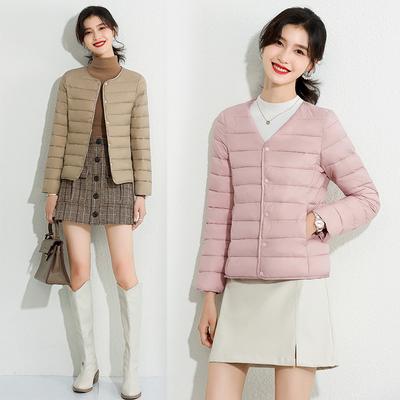Lightweight Cotton Jacket Female. 2022 Autumn and Winter New Item, Warm Inner Liner, Solid Color, Round V-neck, Coat Base, Short Down Cotton Jacket