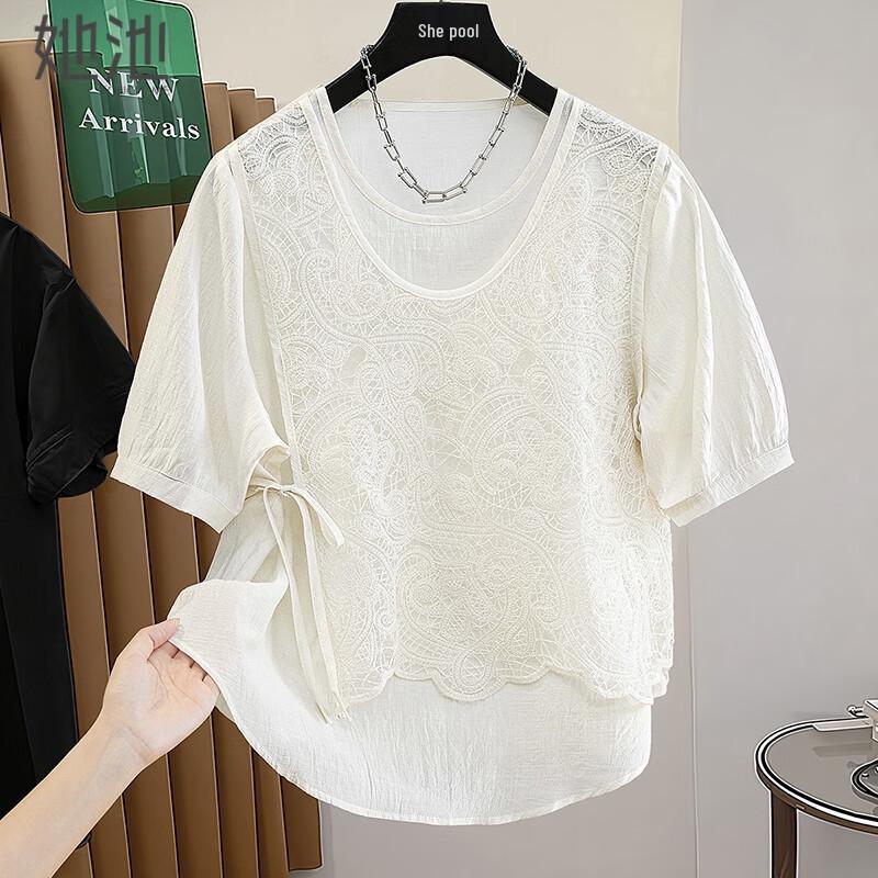 

Women s Lace Splicing Short Sleeve Blouse EU 42