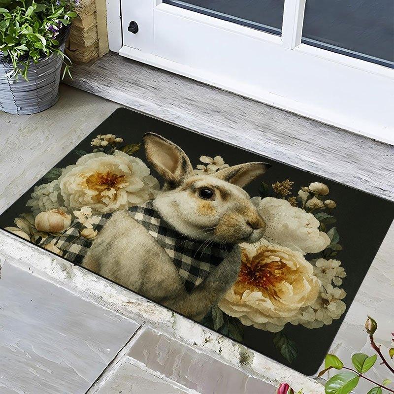 1Pcs Rabbit Floral Print Waterproof Non-Slip Thick Cushioned Kitchen Mat Heavy Duty Comfort Standing Mat for Kitchen Bathroom