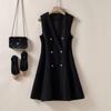 Womens Vest Dress Black Pullovers Button V Neck Tank Sleeveless Dress with Pockets