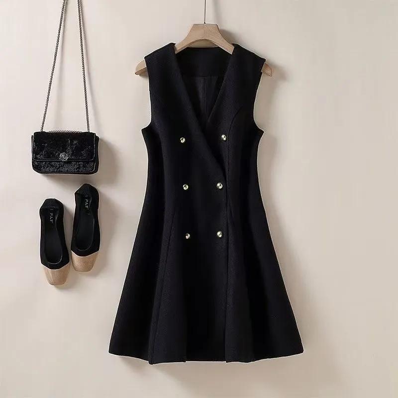 Womens Vest Dress Black Pullovers Button V Neck Tank Sleeveless Dress with Pockets S