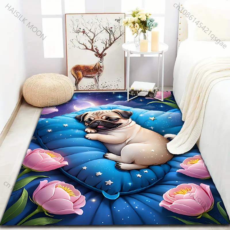 Sleeping Cute Pug Print Carpet for Living Room Bedroom Bedside Sofa Table Floor Mat Home Area Rug Decor for Gifts Large Size
